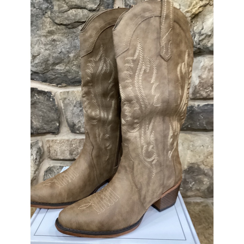 Rollda Ladies Cowboy Boots Brown Embroidered Western Tall Zip Women Size 8.5 New